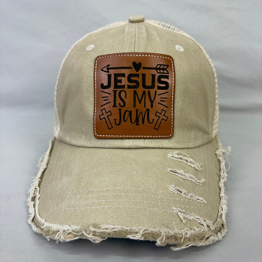 Jesus Is My Jam Christian Cross Distressed Trucker Hat Snapback Leather Patch